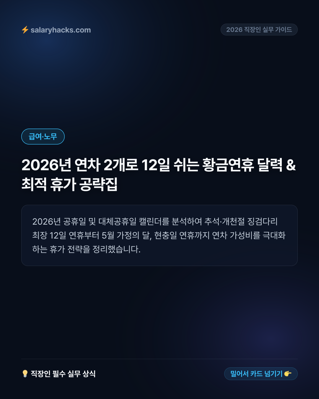 2026년 연차 2개로 12일 쉬는 황금연휴 달력 & 최적 휴가 공략집 - 카드뉴스 1장