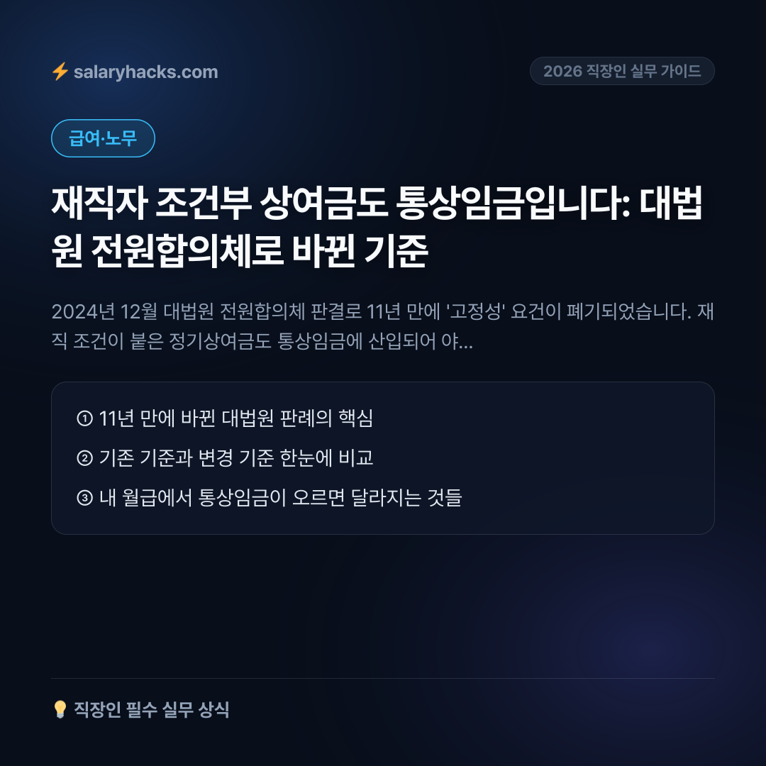 재직자 조건부 상여금도 통상임금입니다: 대법원 전원합의체로 바뀐 기준 - 카드뉴스 1장