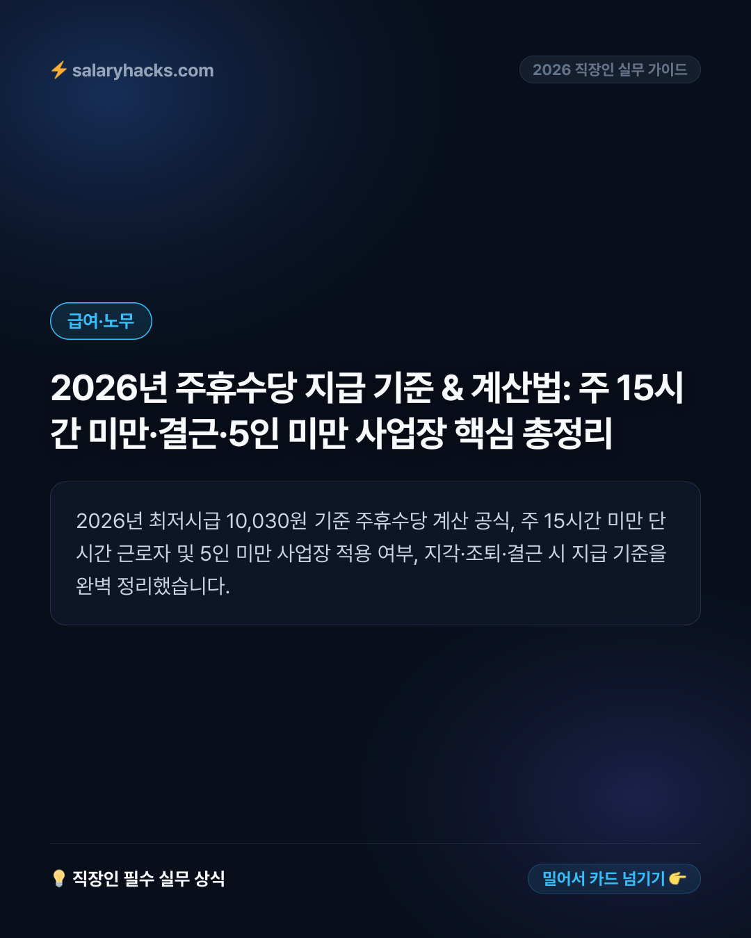2026년 주휴수당 지급 기준 & 계산법: 주 15시간 미만·결근·5인 미만 사업장 핵심 총정리 - 카드뉴스 1장